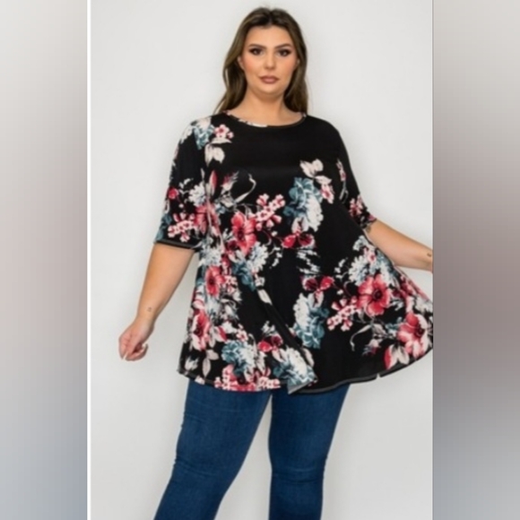 Curvy Lovey Tops - Chic Black Floral Women's Blouse